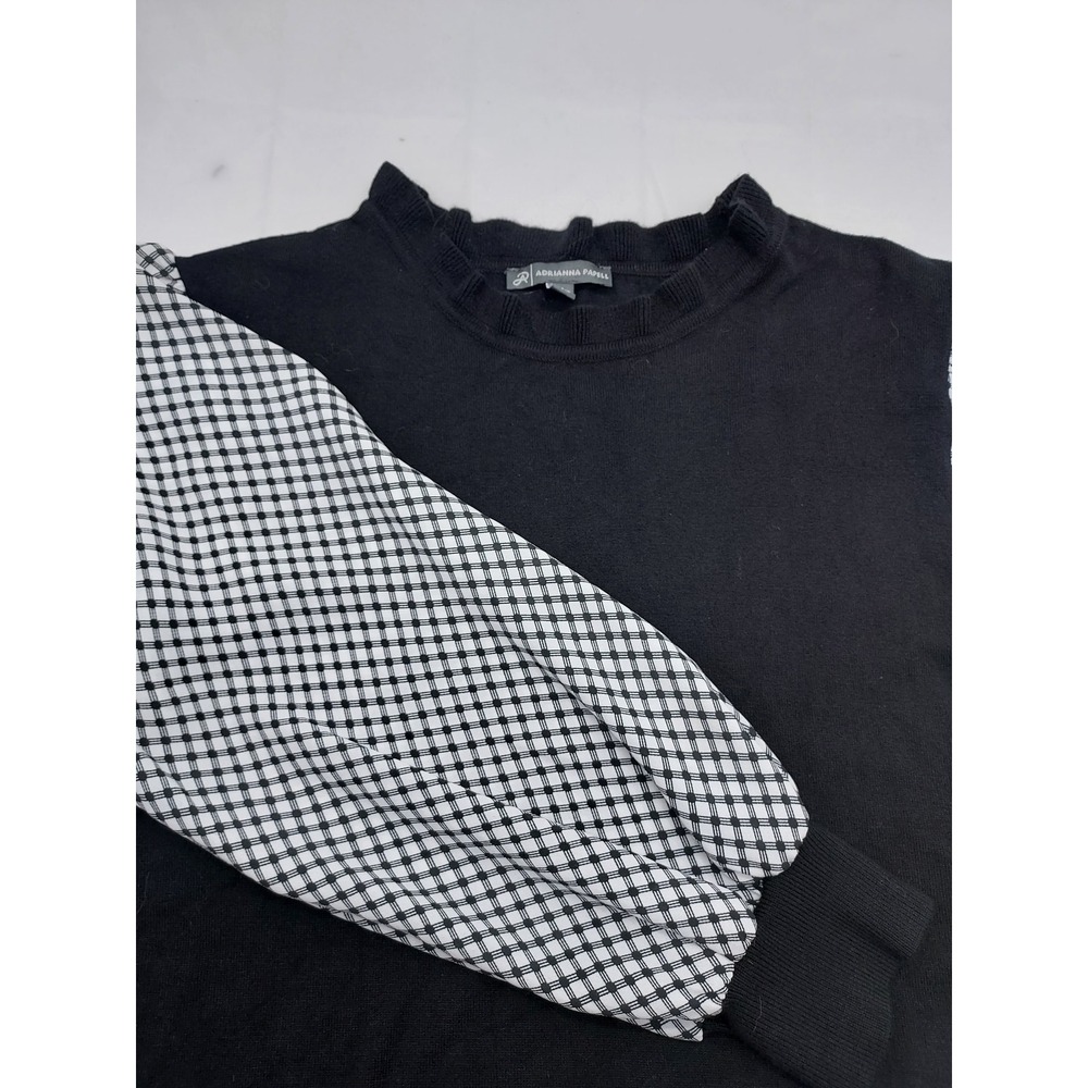 Adrianna Papell Black Knit Top Gingham‎ Puff Sleeves Ruffle Neckline - Size M